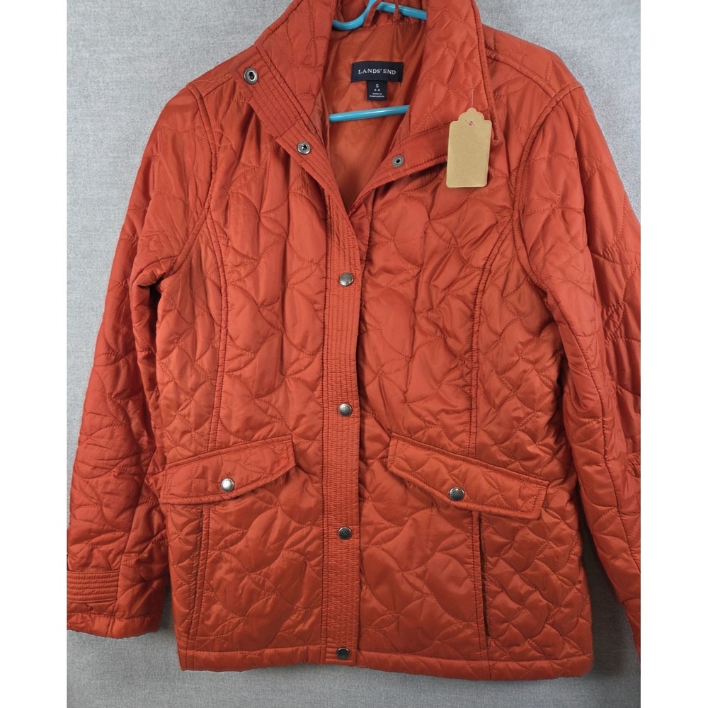Lands End S 6-8 Burnt Orange Quilted Puffer Jacket Snap Close Chore Coat Hiking